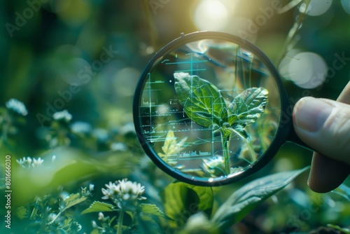 A hand holding a magnifying glass over a plant.