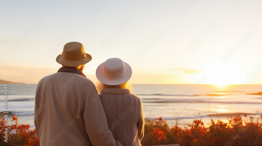 Fototapeta premium Happy senior couple looking enjoying beach sunset landscape together, summer vacation at sea coast