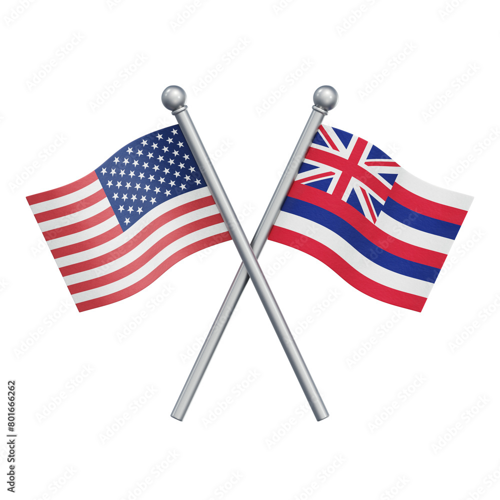 Crossed flags of the USA and the American state of Hawaii isolated on transparent background. 3D rendering