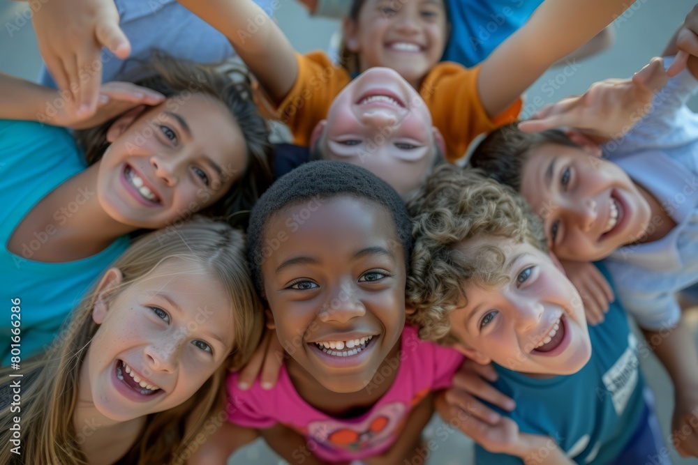 Group of kids smiling and looking at camera in a high angle view Group of kids smiling and looking at camera in a high angle view