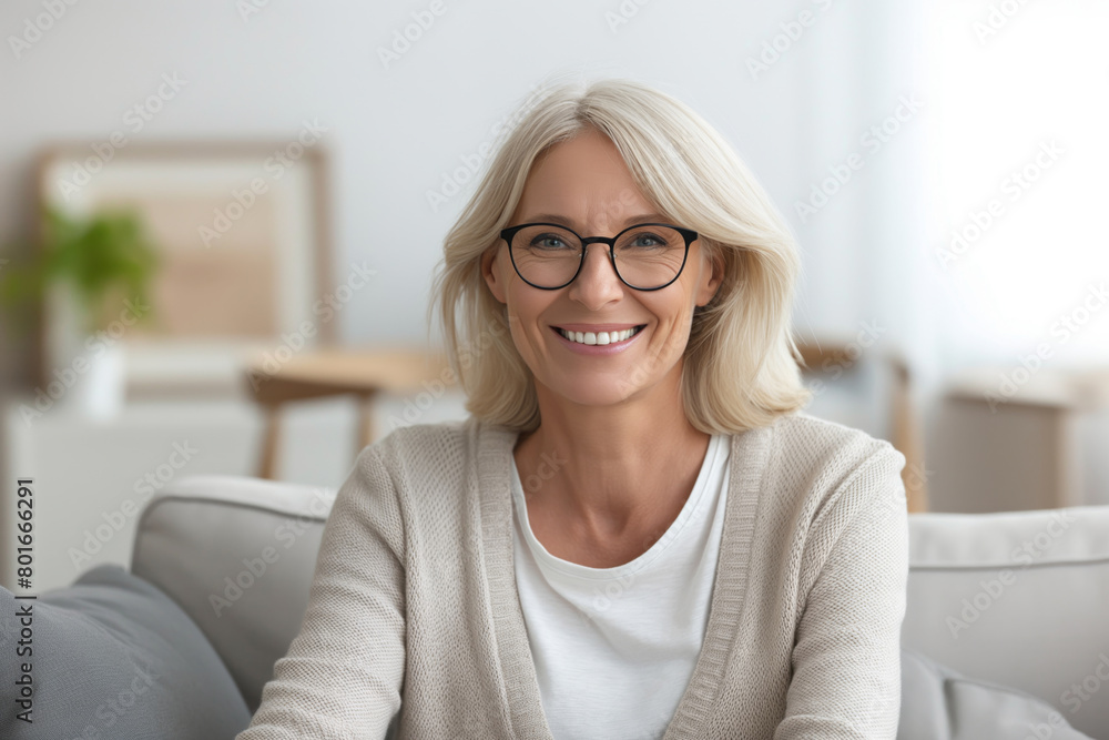 Portrait of a radiant senior woman with blonde hair and glasses, smiling warmly while sitting comfortably on a couch in a bright, cozy living room setting Portrait of a radiant senior woman with blonde hair and glasses, smiling warmly while sitting comfortably on a couch in a bright, cozy living room setting