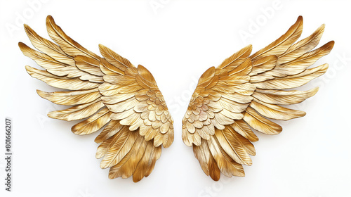 Pair of detailed golden angel wings, spread open and symmetrically arranged, isolated on a pure white background, symbolizing freedom, spirituality, and divine protection in high resolution