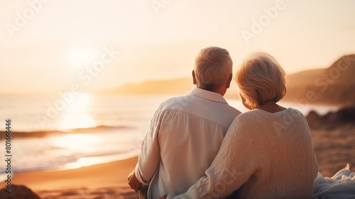 Happy senior couple looking enjoying beach sunset landscape together, summer vacation at sea coast