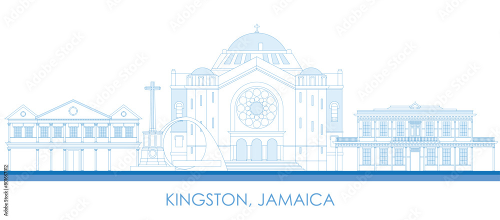 Outline Skyline panorama of town of Kingston, Jamaica - vector illustration