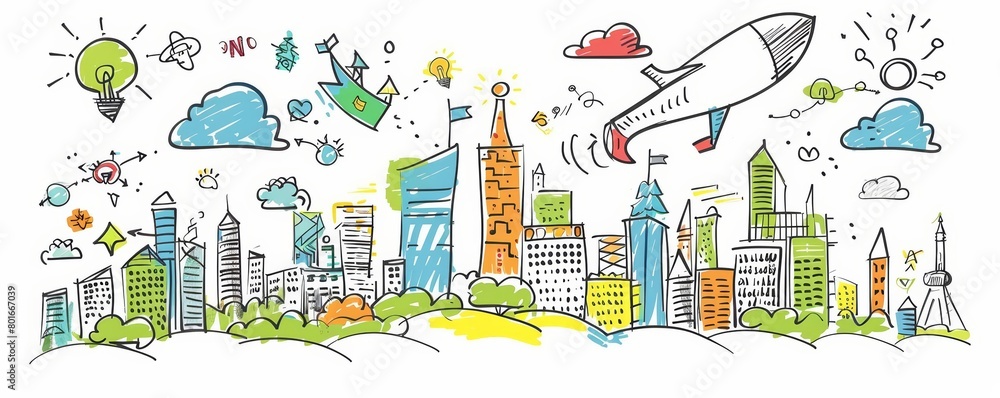 Scalability is illustrated in a doodle, with a small startup scene expanding into a large enterprise, demonstrating growth potential, doodle draw concept Scalability is illustrated in a doodle, with a small startup scene expanding into a large enterprise, demonstrating growth potential, doodle draw concept