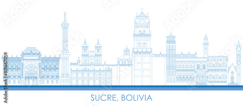 Outline Skyline panorama of town of Sucre, Bolivia - vector illustration