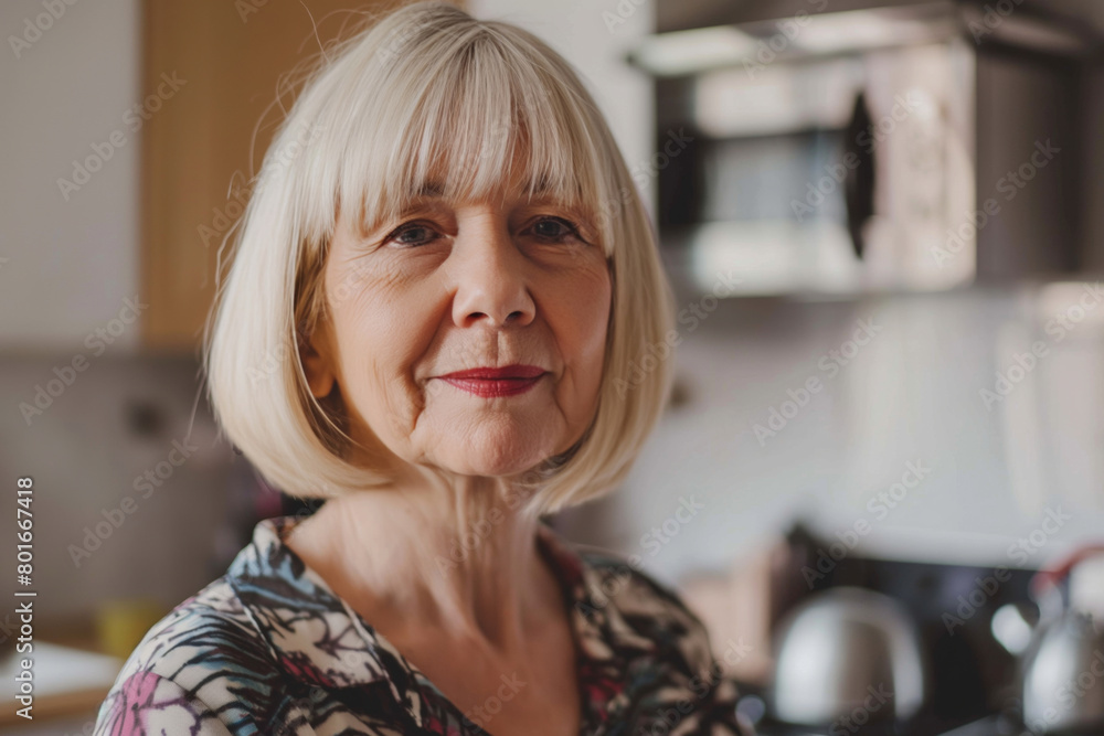 Portrait of an elegant senior woman with short blond hair, smiling gently in a cozy home environment, exuding confidence and contentment with her warm, approachable demeanor Portrait of an elegant senior woman with short blond hair, smiling gently in a cozy home environment, exuding confidence and contentment with her warm, approachable demeanor
