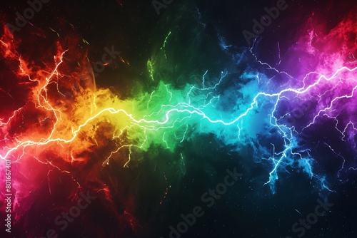 Thunder, Vibrant Cosmic Energy, Abstract Space Background with rainbow Electric Lightning Bolts. Dynamic Colorful Astrophysical Phenomenon.