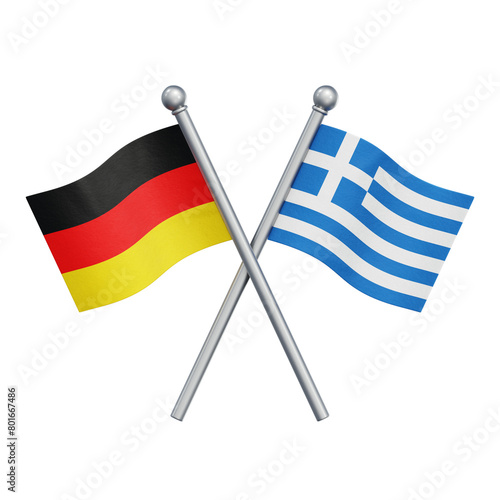 Crossed flags of Germany and Greece isolated on transparent background. 3D rendering