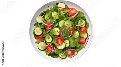 Fresh green vegetable salad with lettuce, tomatoes, cucumber  in a plate isolated on transparent background, top view.  Healthy diet food.