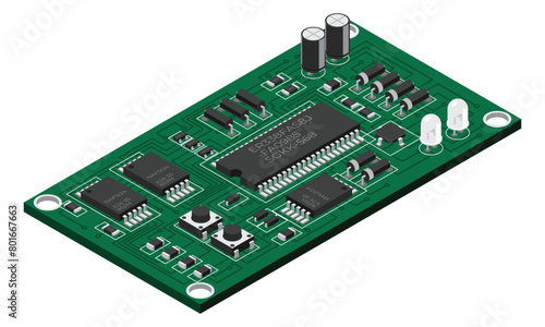 Isometric electronic board. Isometric printed circuit board with electronic components. Electronic components and integrated circuit board