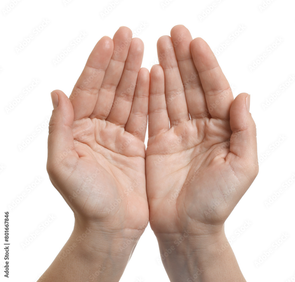 Woman holding something in hands on white background, closeup Woman holding something in hands on white background, closeup