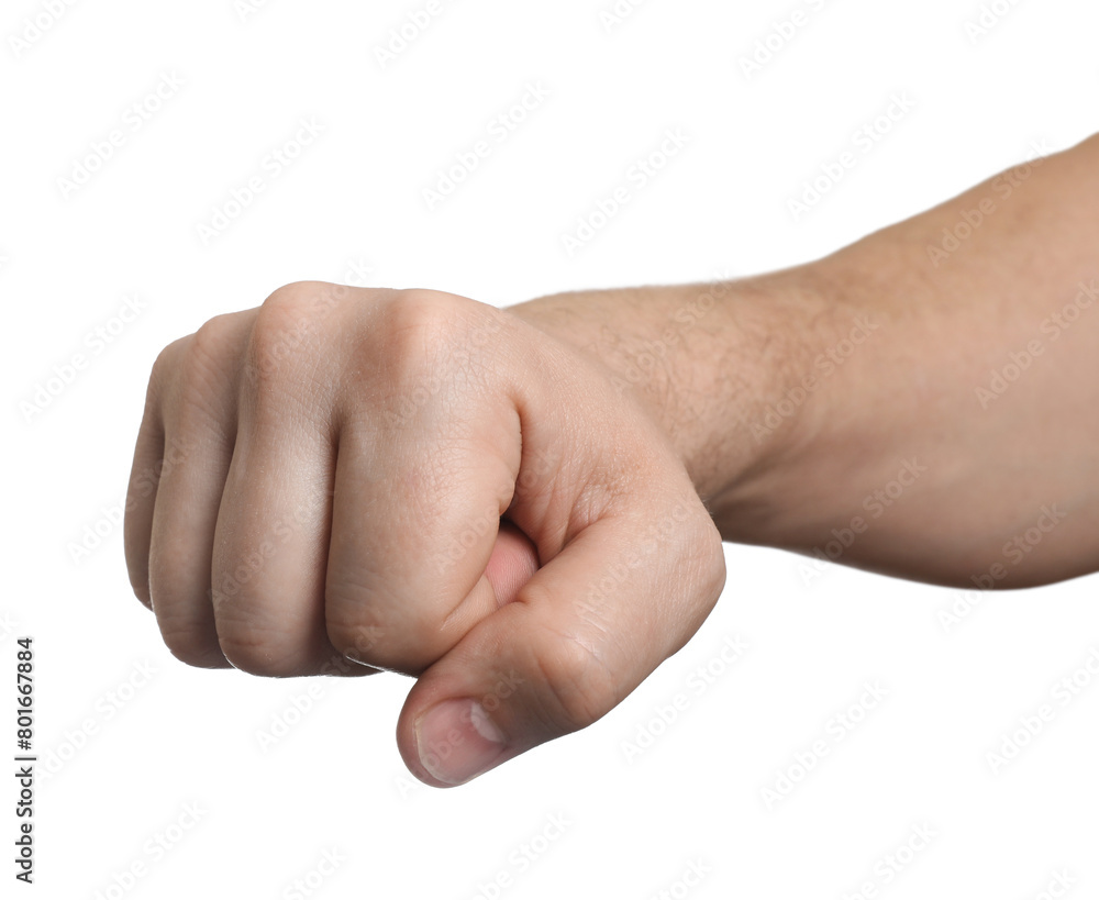 Man showing fist on white background, closeup Man showing fist on white background, closeup