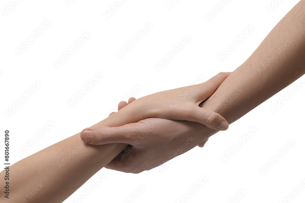 Naklejka premium Man and woman holding hands together on white background, closeup