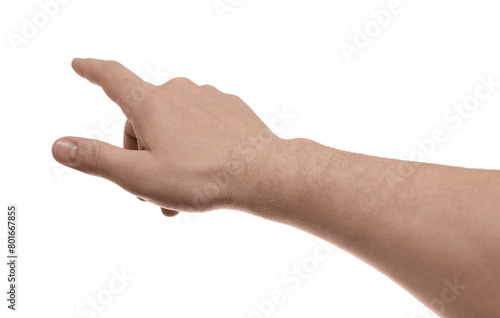 Man pointing at something on white background, closeup