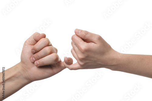 Schilderij op canvas Man and woman holding little fingers together on white background, closeup