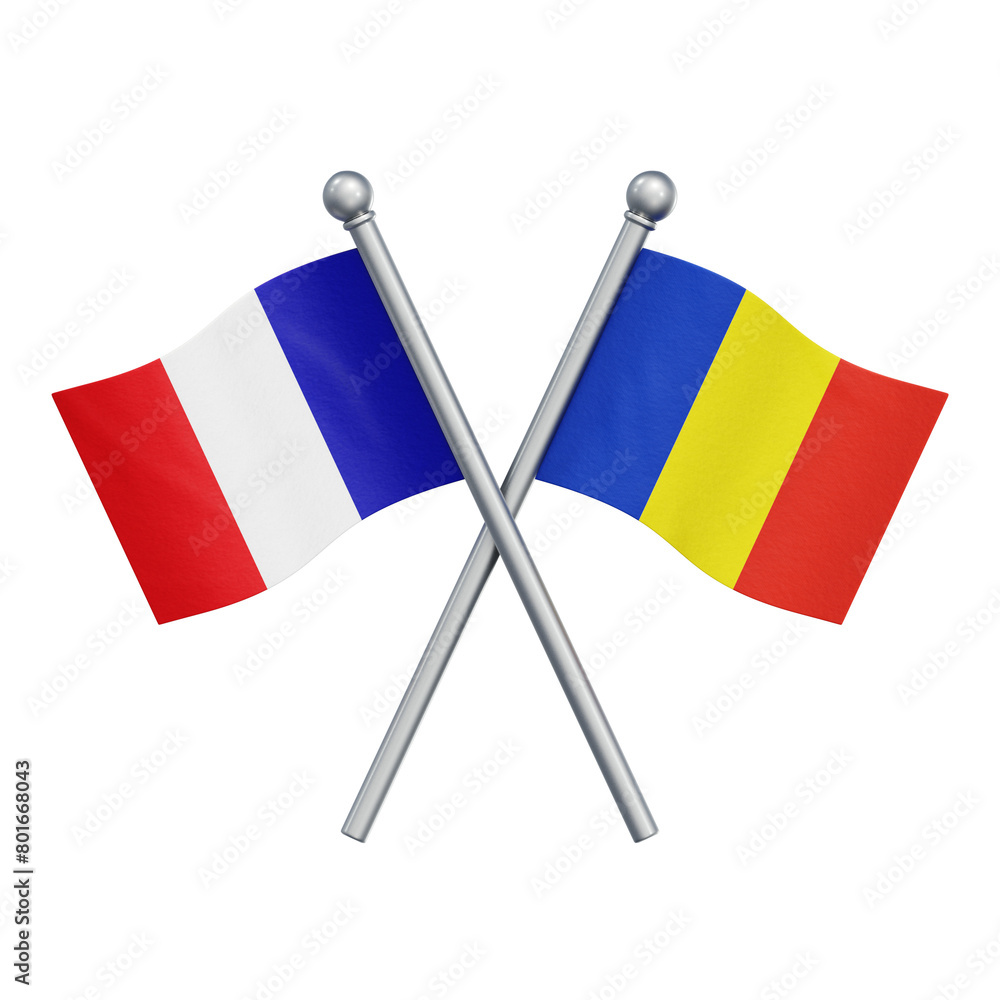 Crossed flags of France and Romania isolated on transparent background. 3D rendering Crossed flags of France and Romania isolated on transparent background. 3D rendering