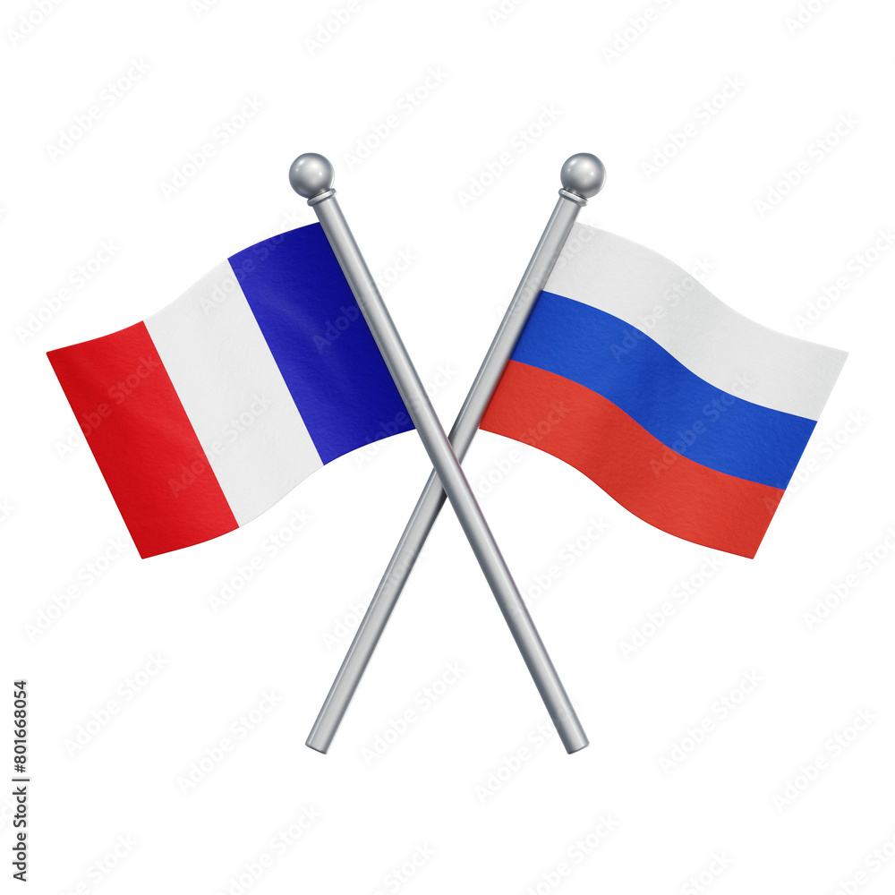 Crossed flags of France and Russia isolated on transparent background. 3D rendering Crossed flags of France and Russia isolated on transparent background. 3D rendering