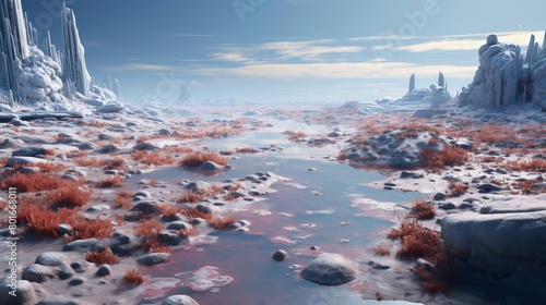 A frozen wasteland of a planet with a red glowing river running through it