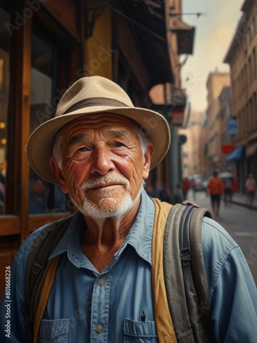 Elder man tourist portrait with hat in city © Nicolas Ospina