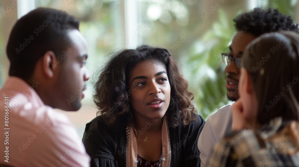 A group of young adults engage in a serious conversation, their expressions showing interest and contemplation.