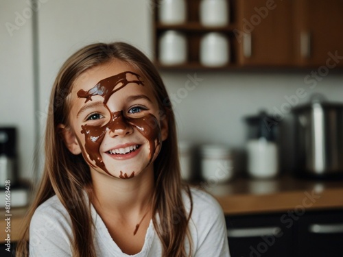 Blondie girl with chocolate on the face and smiling while cooking in kitchen
