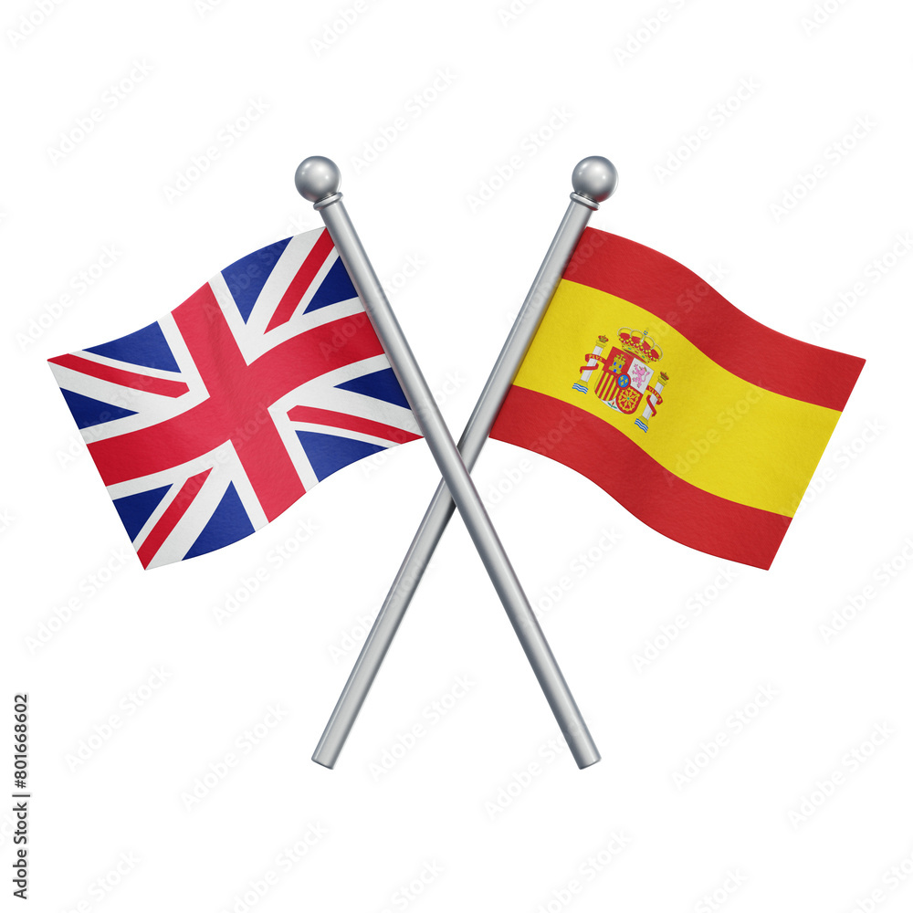 Crossed flags of the United Kingdom and Spain isolated on transparent background. 3D rendering