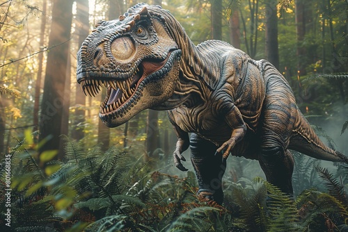 A professional photo depicts the Tyrannosaurus Rex dinosaur in its natural habitat, roaming majestically through a prehistoric jungle filled with ancient ferns and towering trees. © Roberto