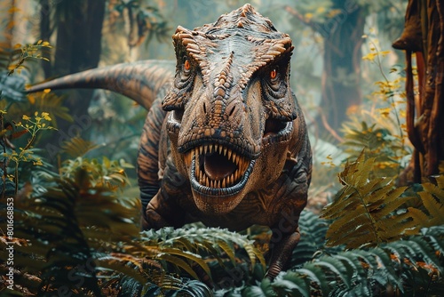 A professional photo depicts the Tyrannosaurus Rex dinosaur in its natural habitat, roaming majestically through a prehistoric jungle filled with ancient ferns and towering trees. © Roberto