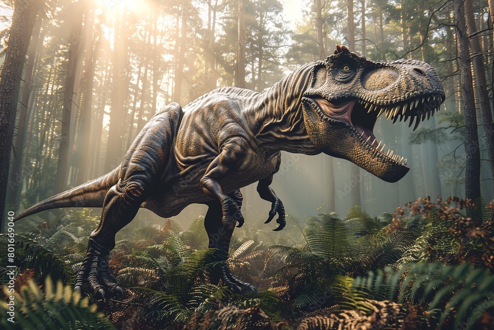 A professional photo depicts the Tyrannosaurus Rex dinosaur in its natural habitat, roaming majestically through a prehistoric jungle filled with ancient ferns and towering trees. A professional photo depicts the Tyrannosaurus Rex dinosaur in its natural habitat, roaming majestically through a prehistoric jungle filled with ancient ferns and towering trees.