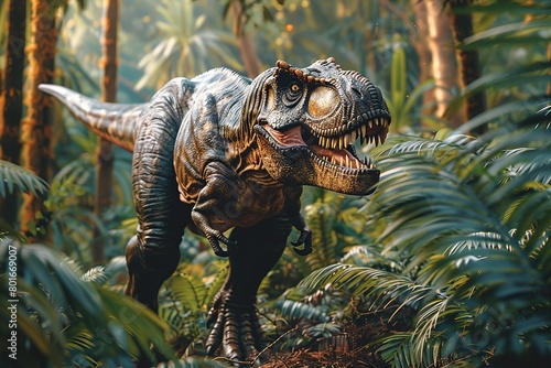 A professional photo depicts the Tyrannosaurus Rex dinosaur in its natural habitat, roaming majestically through a prehistoric jungle filled with ancient ferns and towering trees.