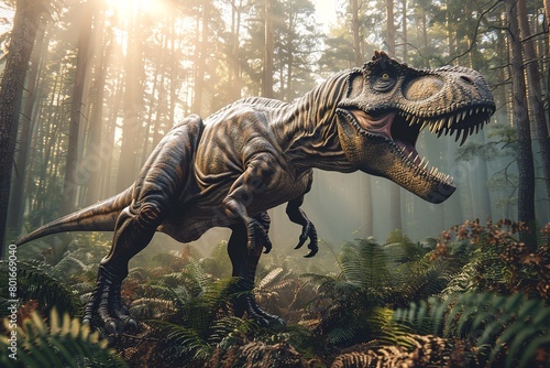 A professional photo depicts the Tyrannosaurus Rex dinosaur in its natural habitat  roaming majestically through a prehistoric jungle filled with ancient ferns and towering trees.