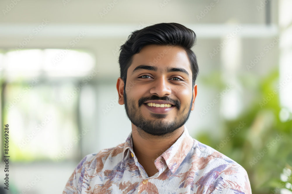 Portrait of a young man with a friendly smile, sporting a fashionable patterned shirt, exuding confidence and positivity in a bright, airy indoor setting with soft, natural light Portrait of a young man with a friendly smile, sporting a fashionable patterned shirt, exuding confidence and positivity in a bright, airy indoor setting with soft, natural light