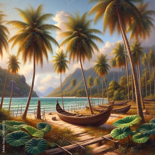 Seashore Sonata: A Coconut Garden Depiction photo