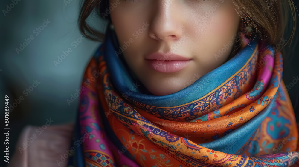 colorful scarf wrapped around a person’s neck in a casual setting