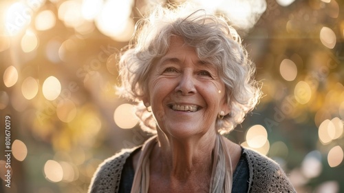 Capturing the golden hour glow on an elderly woman's face, this portrait radiates warmth and the beauty of aging, reflecting her life's joy and wisdom.