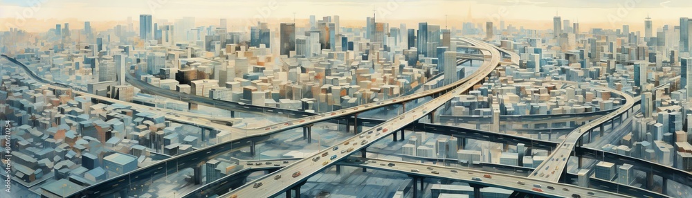 An aerial view of a complex urban highway interchange at rush hour. The painting is done in a realistic style with muted colors. An aerial view of a complex urban highway interchange at rush hour. The painting is done in a realistic style with muted colors.