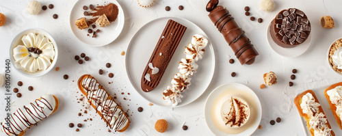 flat lay composition of assorted Italian desserts such as cannoli, tiramisu, and panna cotta on a white isolate background.