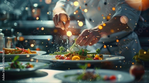 An enchanting image of a chef meticulously plating a visually stunning dish, combining culinary skills and artistic expression on National Creativity Day.