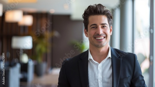 Casual portrait of a relaxed business professional in a modern workspace, sporting a black suit and a confident smile, embodying casual elegance in a corporate environment.