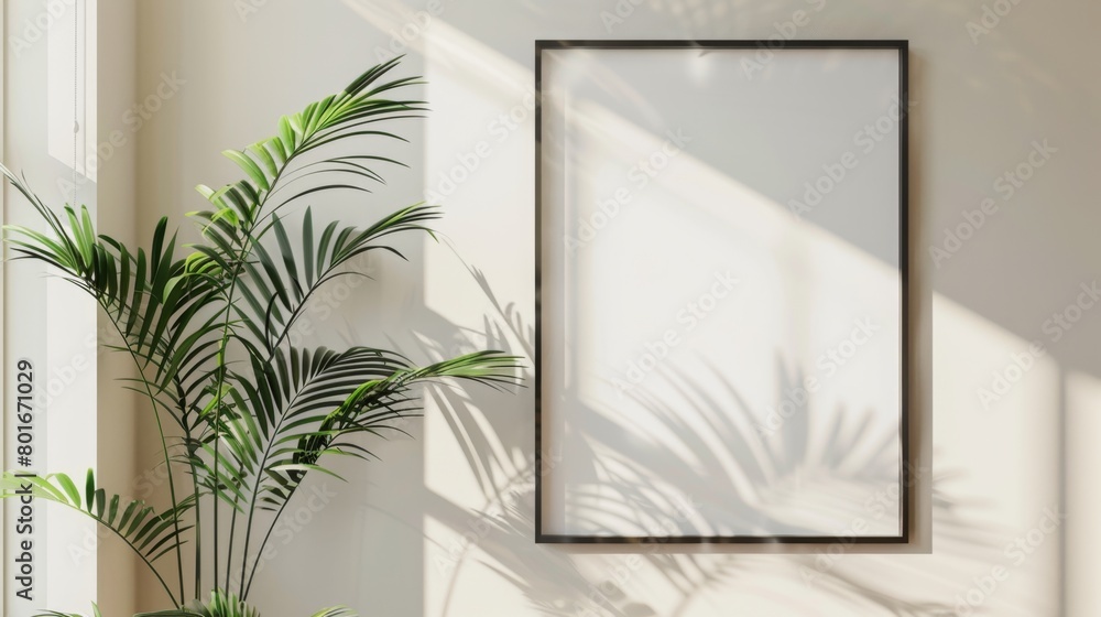 Modern interior design featuring a sleek black frame and shadows of tropical plants on a white wall, capturing the essence of a contemporary and botanical-themed decor. Modern interior design featuring a sleek black frame and shadows of tropical plants on a white wall, capturing the essence of a contemporary and botanical-themed decor.