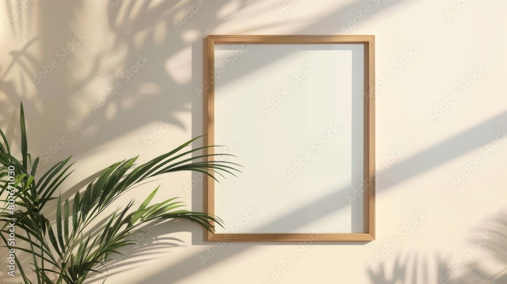 An elegant wooden frame on a white wall in a sunlit room surrounded by vibrant green houseplants, illustrating a peaceful and natural home environment. An elegant wooden frame on a white wall in a sunlit room surrounded by vibrant green houseplants, illustrating a peaceful and natural home environment.