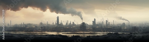 A dark  polluted industrial cityscape with a river in the foreground and a large factory in the background. The factory is belching black smoke into the air.
