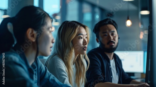 A diverse group of young professionals intently analyzing data on a computer screen in a corporate office setting, reflecting teamwork and dedication.