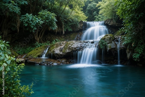 waterfall in the jungle with the blue water below it and some trees © Wirestock