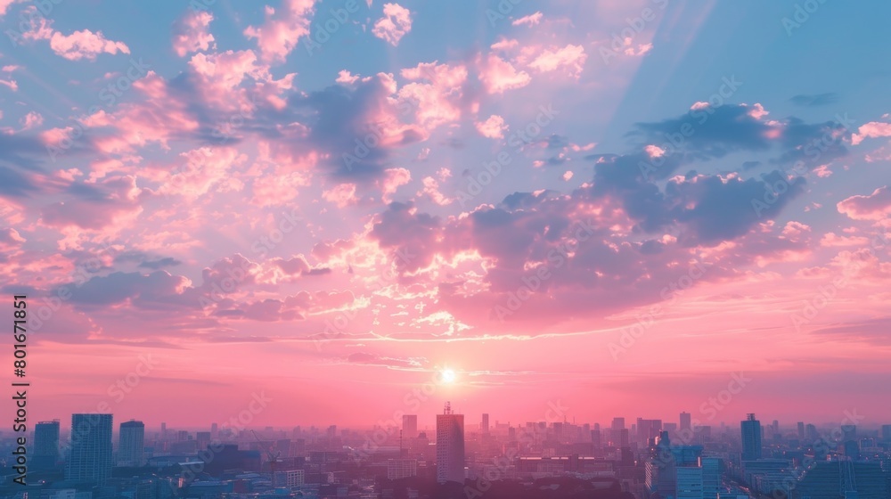 An ethereal urban skyline under a vibrant sunset, painting the clouds in shades of pink and purple, radiating peace and tranquility.