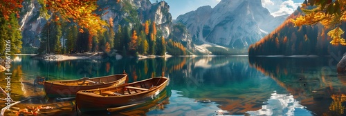 Magical autumn landscape with boats on the lake on Fanes-Sennes-Braies natural park in the Dolomites in South Tyrol  Alps  Italy.  mental vacation  holiday  inner peace  harmony - concept  