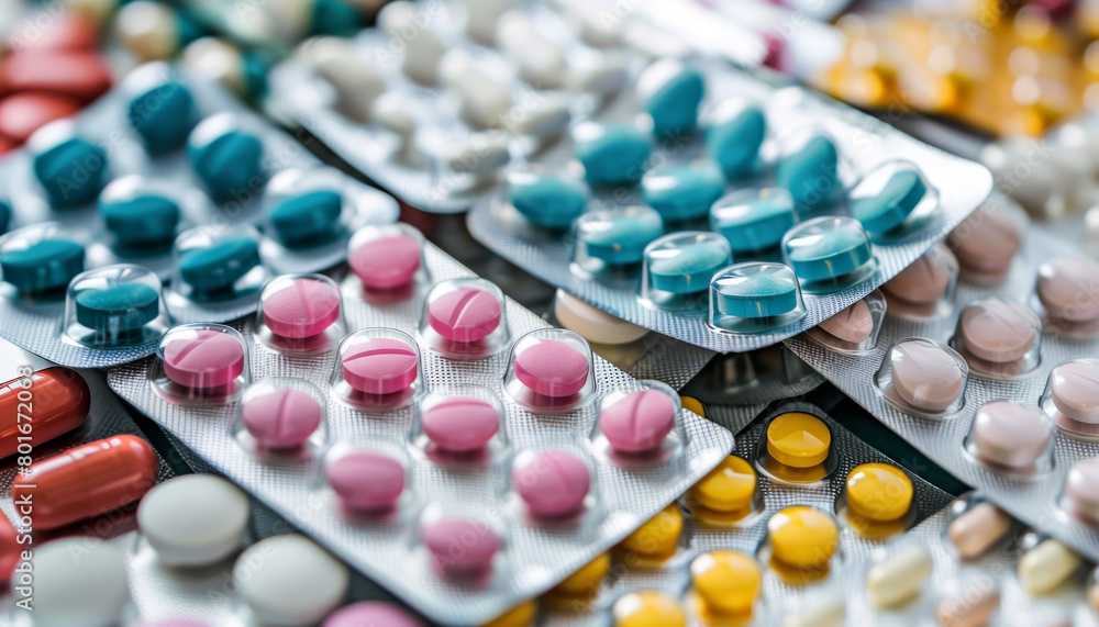 A bunch of pills are on a table, some are blue, some are pink, some are yellow