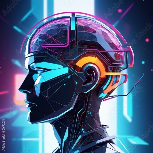 futuristic head cyborg network brainstrom robot . neo tech lowpoly style photo