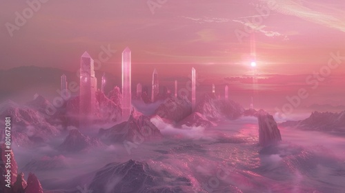 A serene dreamlike scene with towering pink crystal mountains bathed in the glow of a rising sun, perfect for imaginative and inspiring artworks.